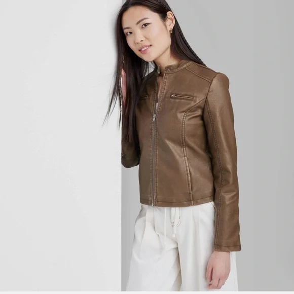 NWT Wild Fable Women's Zip-Up Winter Faux Leather Racing Jacket Brown - Picture 3 of 10